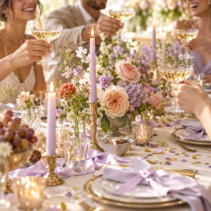 Mesa de celebración con confeti, cintas lila y flores de colores.
